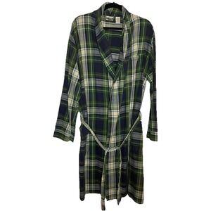 Vintage L.L. Bean Plaid Robe Mens M Green Blue Cotton Dressing Bath Waist Tie